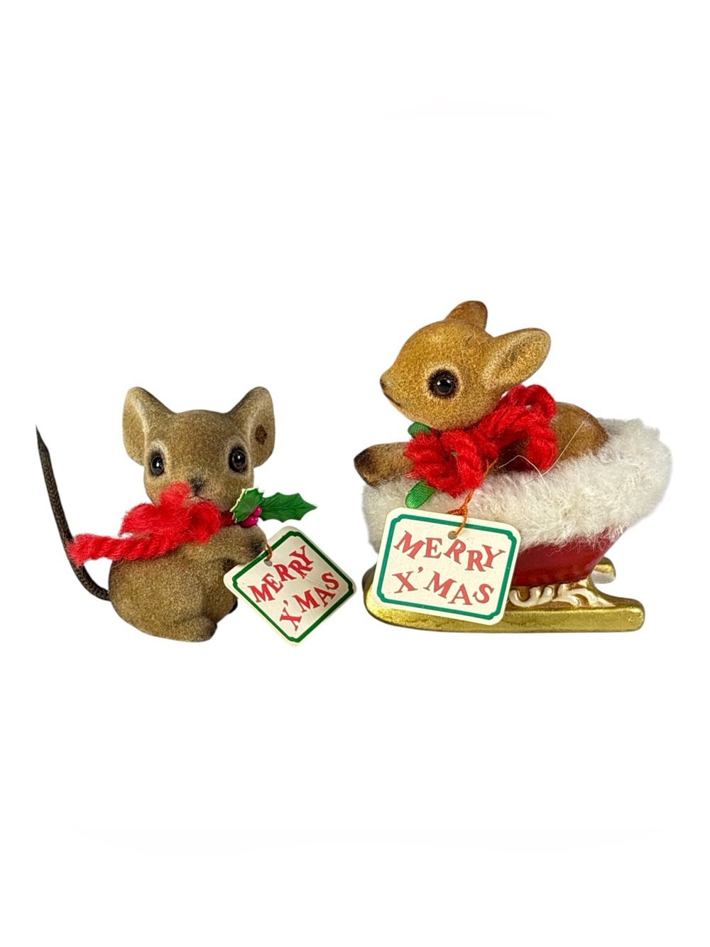 Vtg Josef Originals Japan Flocked Deer in Sled & Mouse Figurine Christmas X'mas
